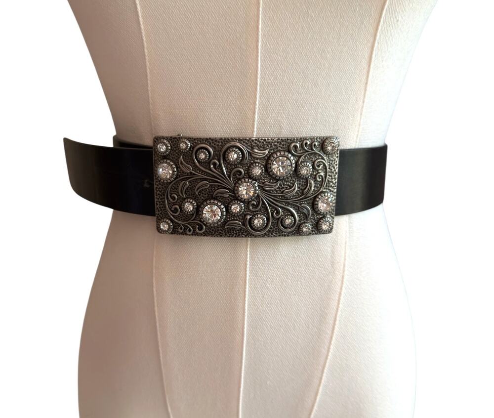 Rhinestone Crystal Belt Buckle Antiqued Rectangle Floral Engraved Buckle Belt L